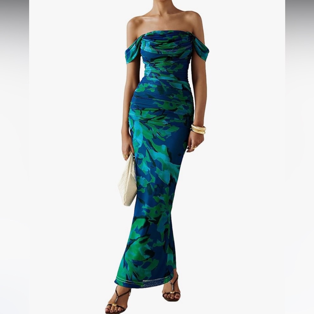 PrettyGarden Green Floral Off The Shoulder Midi Dress, Size XL